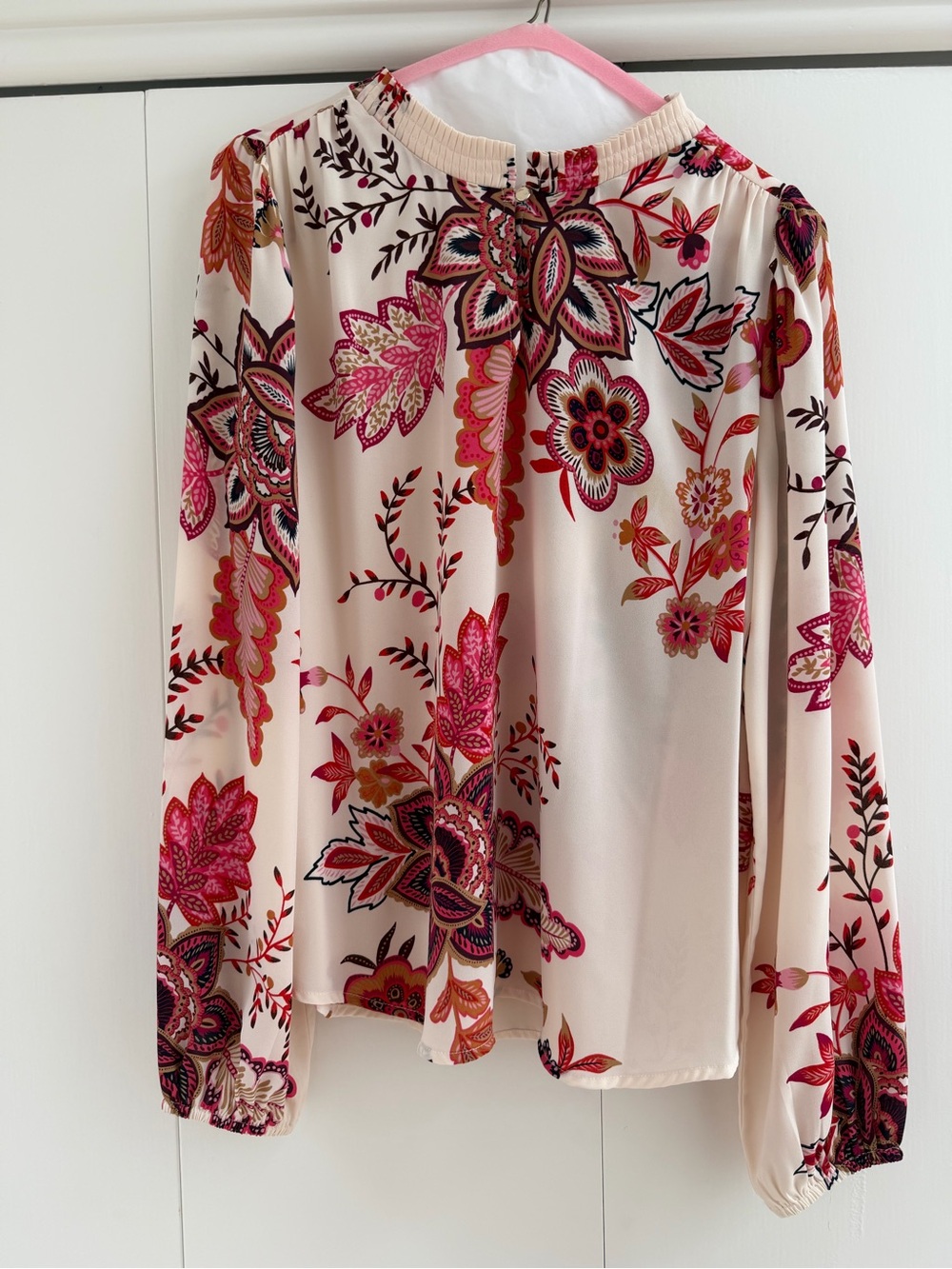 LOFT Floral Long Sleeve Split Neck Blouse Cream Pink Boho Women’s Medium